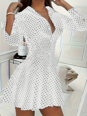 Polka Dot Button Front Dress - Elegant Long Sleeve Pleated Dress For Spring & Fall - Women's Clothing - For Women - Suitable for Parties & Casual Occasions - Perfect Gift for Her