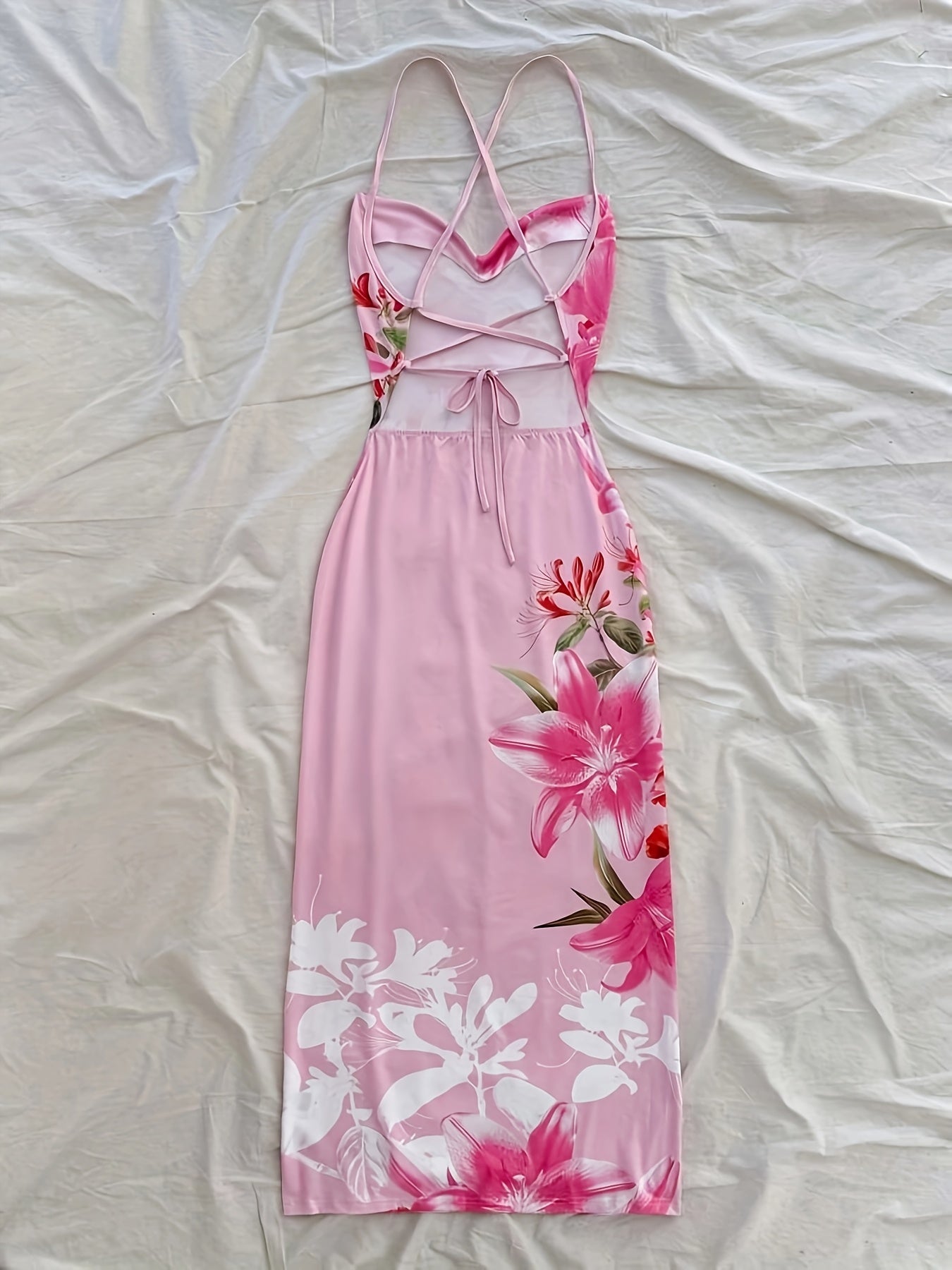 Women's Elegant Floral Print Backless Bodycon Midi Dress - Pink Vacation Style with Strappy Design, Perfect for Summer Getaways, Summer Vacation Dress | Floral Midi Dress | Sophisticated Style, Cute Summer Dresses