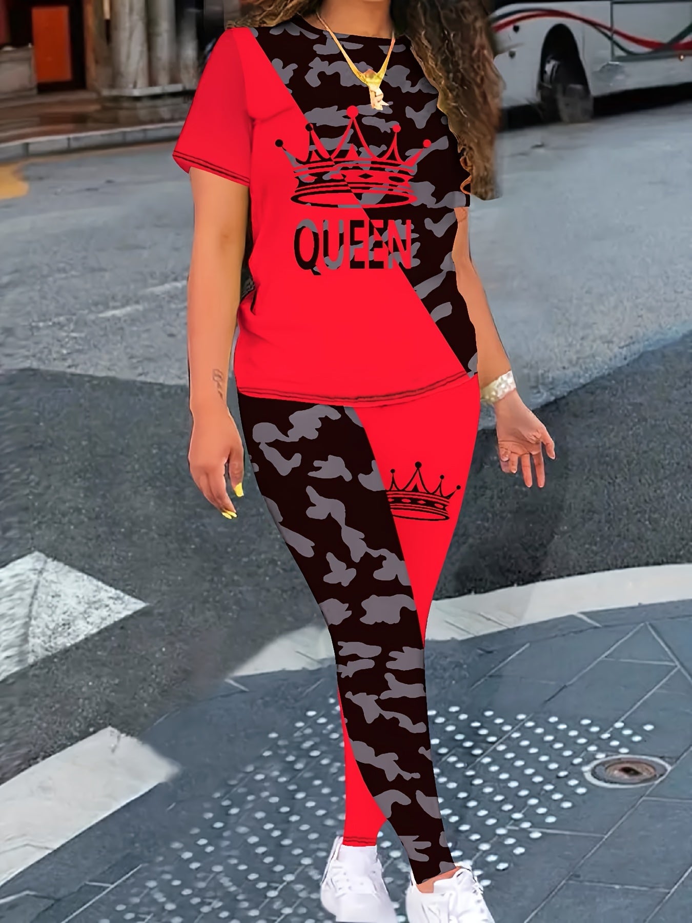 Color Matching Queen Positioning Print Spring and Summer New Casual Two-piece Set for Women