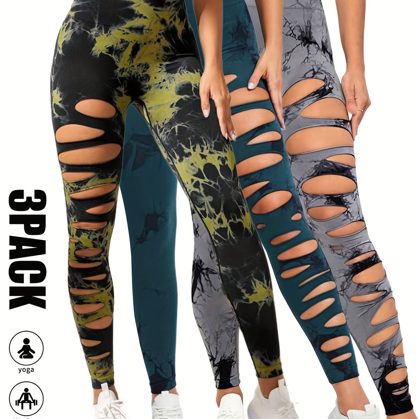 [3 Pack High Waist Yoga Leggings] 3 Pack Women's Tie Dye Cutout Tights High Waist Workout Yoga Leggings, Scrunch Butt Lifting Elastic Pants, Womens High Waist Yoga Pants Cutout Ripped Tummy Control Workout Running Yoga Skinny