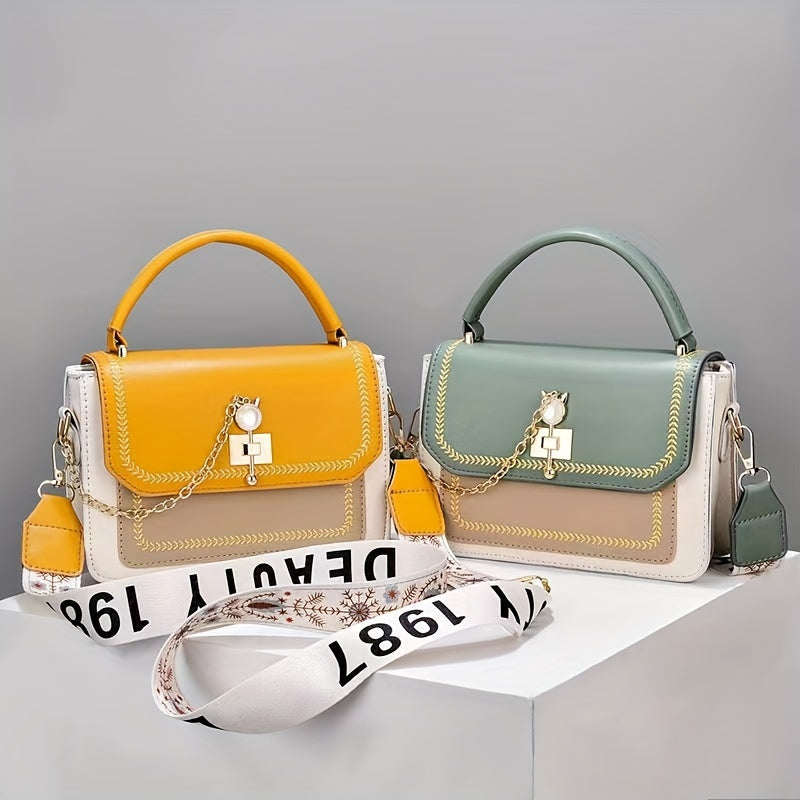 Stylish Two-Tone Chic Womens Handbag - Fashionable Crossbody Purse with Adjustable Printed Strap, Spacious Interior, and Durable PU Material - Zipper Closure, Edge Painted, and Polyester Lining for a Chic Look
