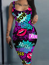 Sexy Bodycon Midi Dress with Bold Letter & Lips Graphic Print - Sleeveless Round Neck Stretchy X-Silhouette Machine Washable All-Season Casual Party Wear, Festive Attire, Retro Lip Graphic, Medium Elasticity Fabric
