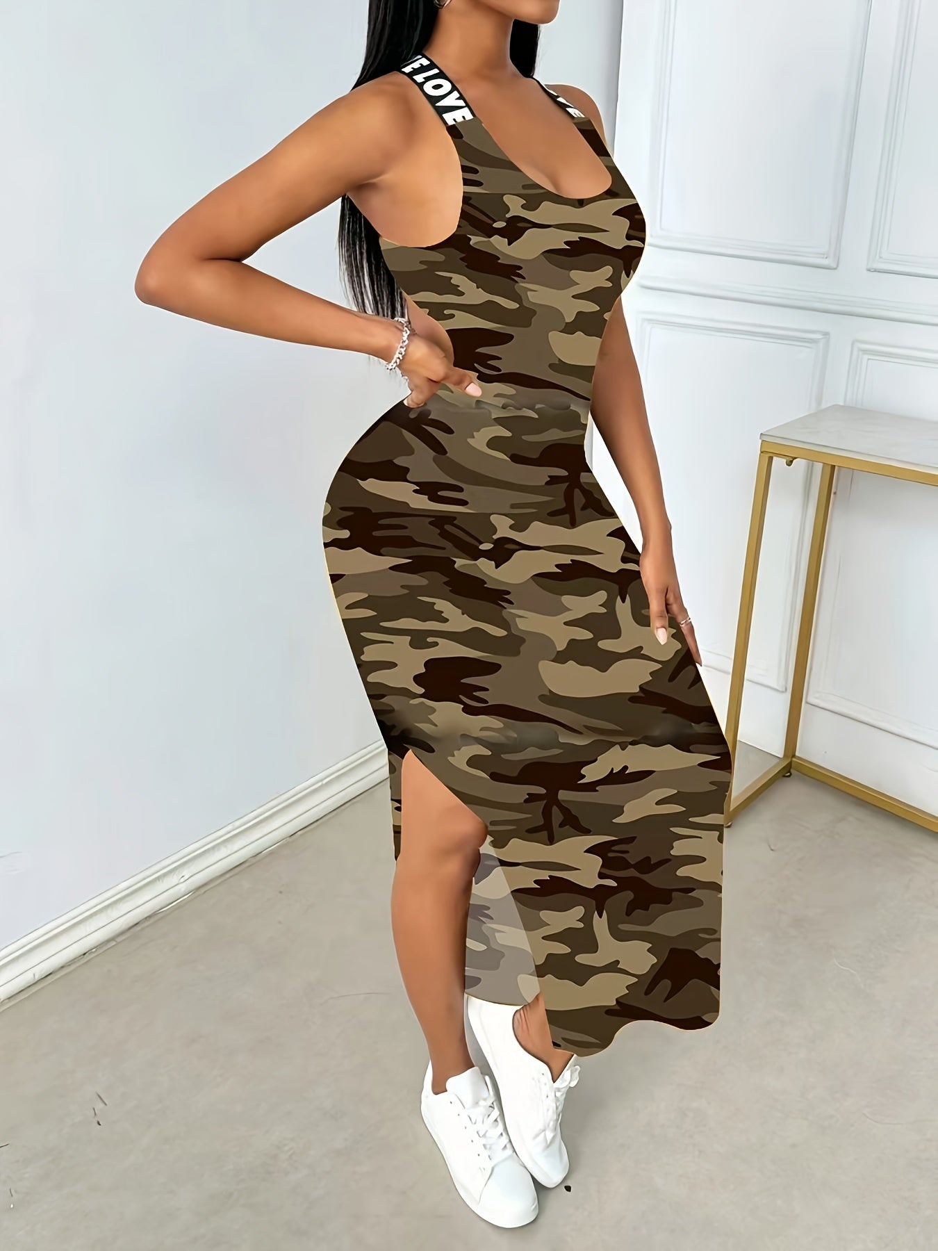 A Stylish Summer Choice, This Sleeveless Backless Dress Features a High Slit And Letter Prints.