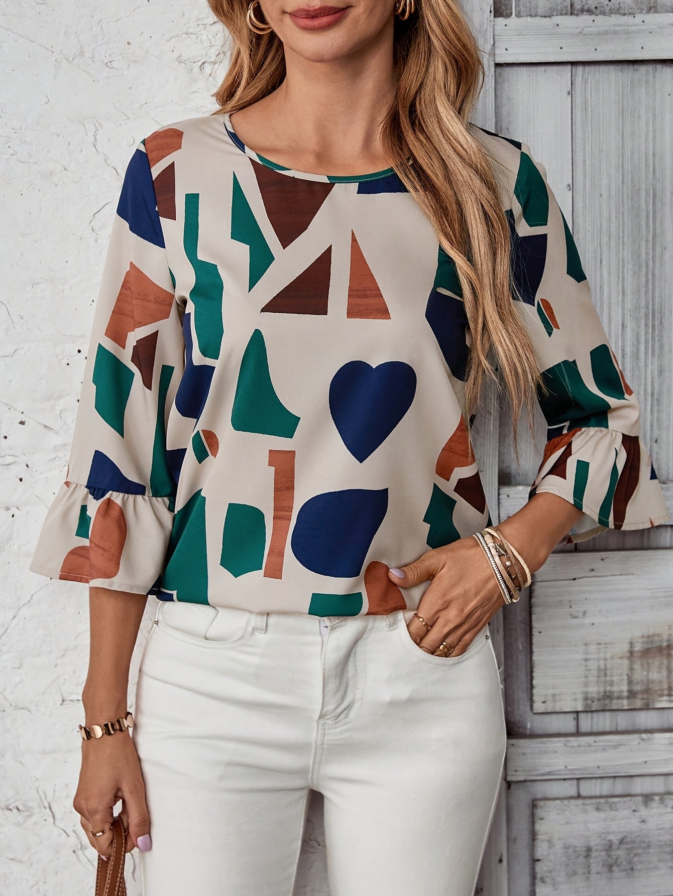 Women's Elegant Geometric Print Blouse - Crew Neck, 3/4 Sleeve, Lightweight Polyester, Spring/Summer Casual Wear, Abstract Design in Green, Blue, Brown, Beige & White, Autumn Fashion Top | Crew Neck Top | Fashionforward Top,