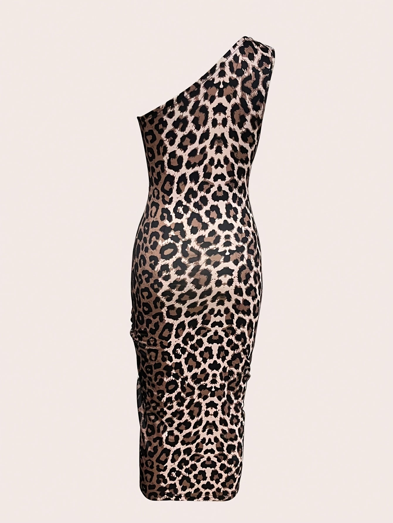Women's Sexy One-Shoulder Leopard Print Bodycon Dress with High Thigh Slit - Mid-Length Ruched Detailing & Drawstring Waist, Machine Washable All-Season Clubwear or Casual Outfit, Party Attire | Formfitting Silhouette