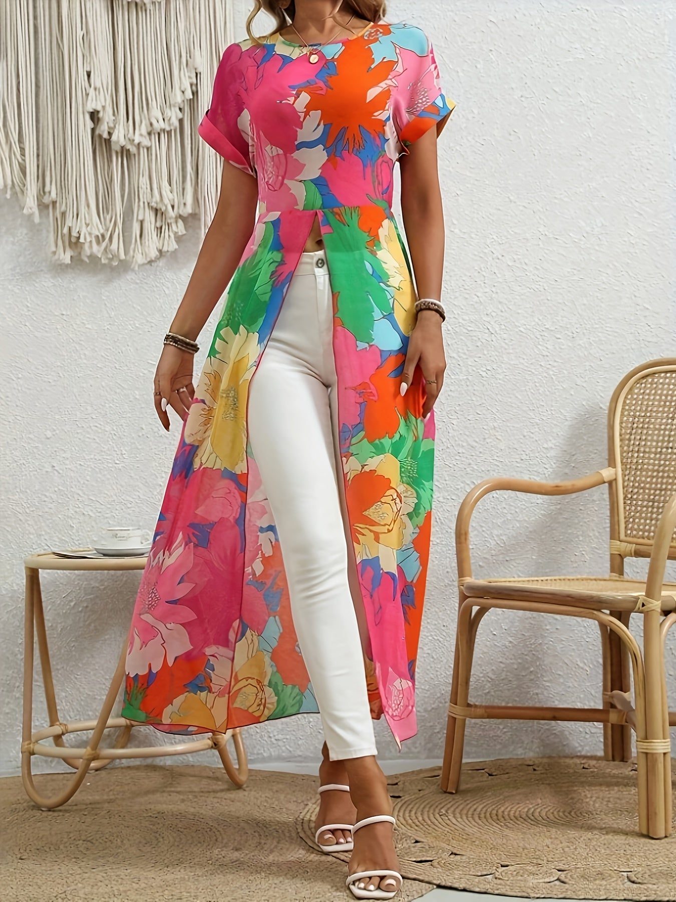 Vibrant Tropical Print Longline Top - Elegant Round Neck, Non-Sheer, Hand Washable - Perfect for Spring & Summer, Women’s Fashion Blouse in Pink, Yellow, Blue & Green, Casual Elegant Wear | Flowing Elegance | Stylish Maxi T