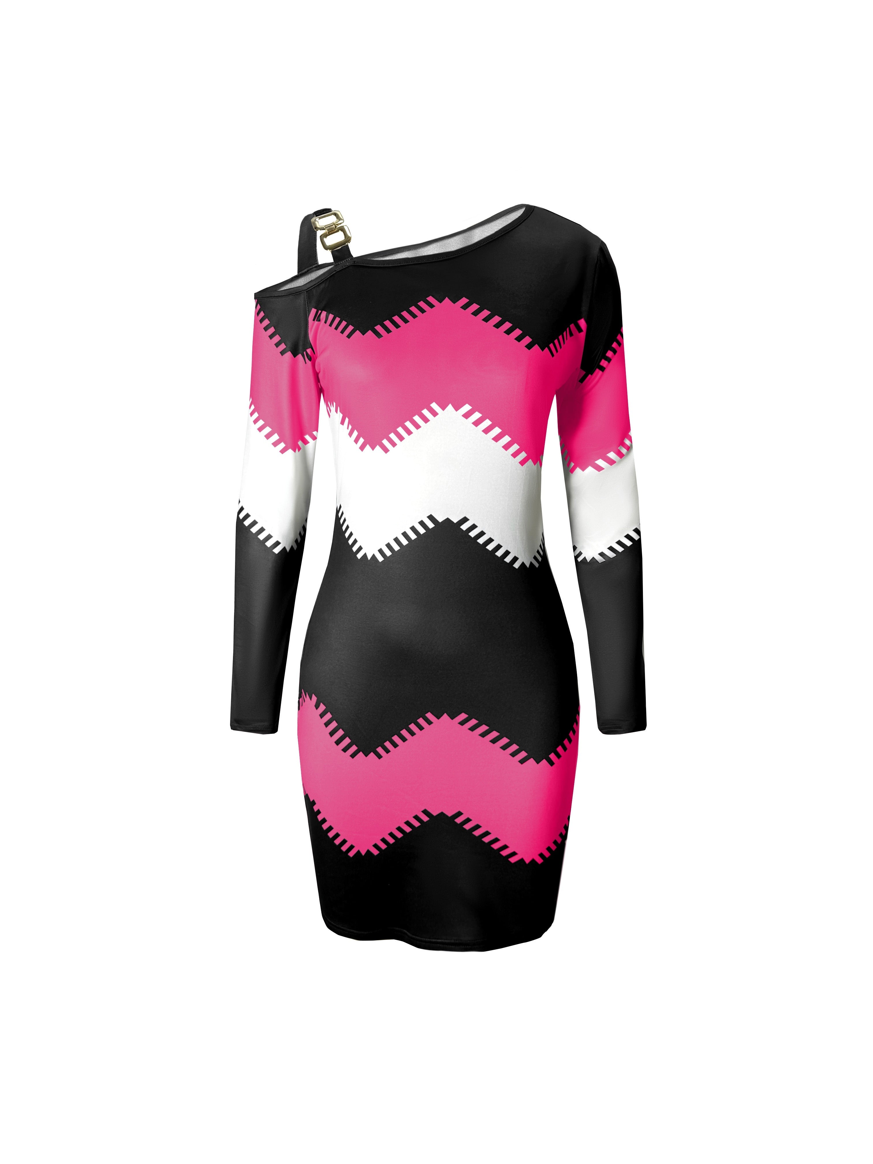 Print Off-Shoulder Color Block Dress for Women - Chic Long Sleeve, Zigzag Pattern, Stretchy Polyester Blend with Chain Detail, Machine Washable - Perfect for Spring & Fall