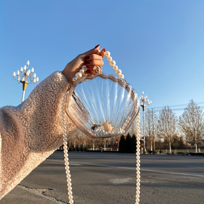 Casual Acrylic Pearl Beaded Shell Crossbody Bag with Removable Strap, Transparent Unlined Clutch with Buckle Closure, Checkpoint-Friendly Fashion Accessory