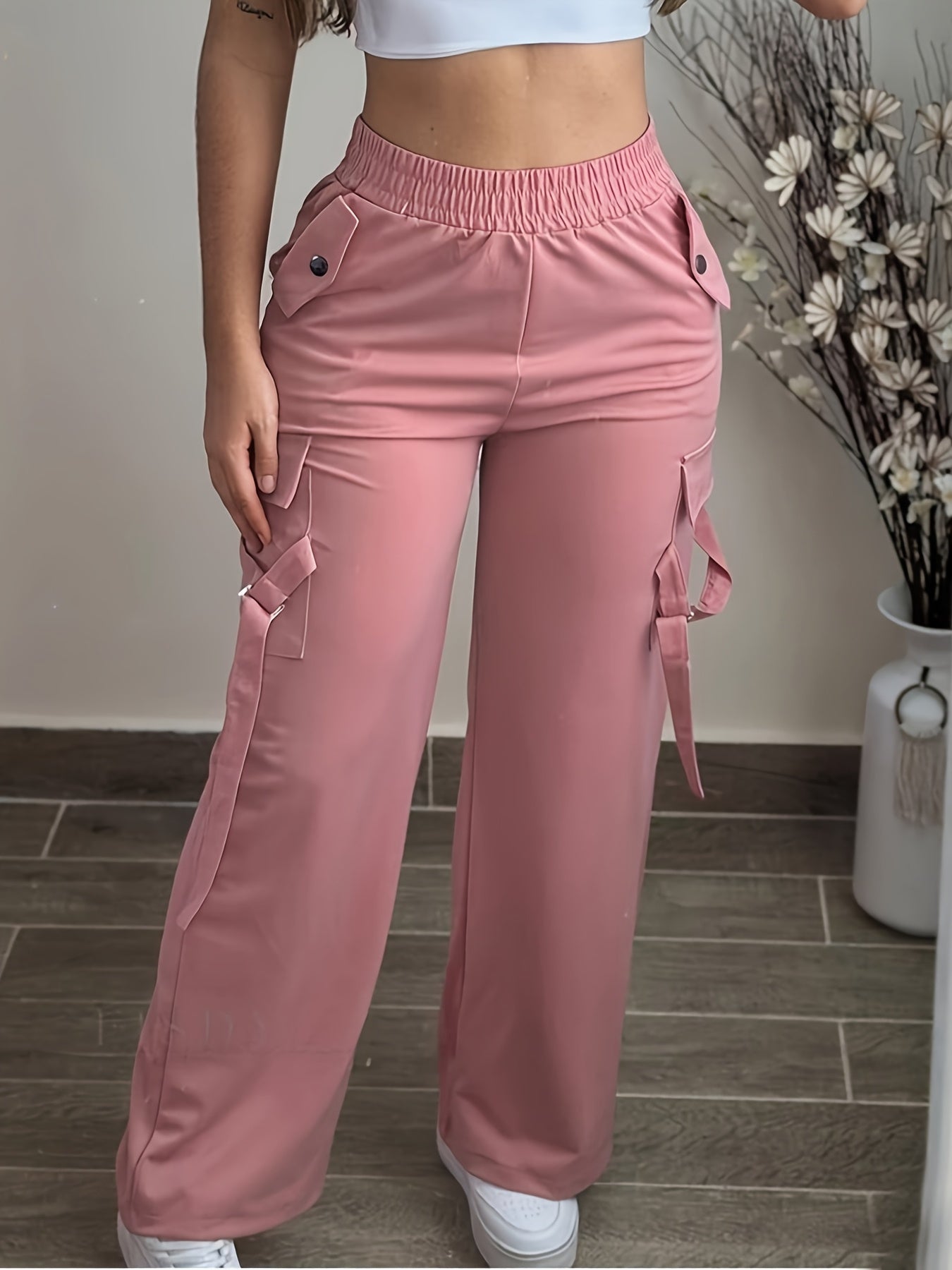 Women'S Casual Solid Color Polyester Cargo Pants, High Waist, Relaxed Fit, All-Season, with Pocket, 150g/m² Fabric Weight, for Adult