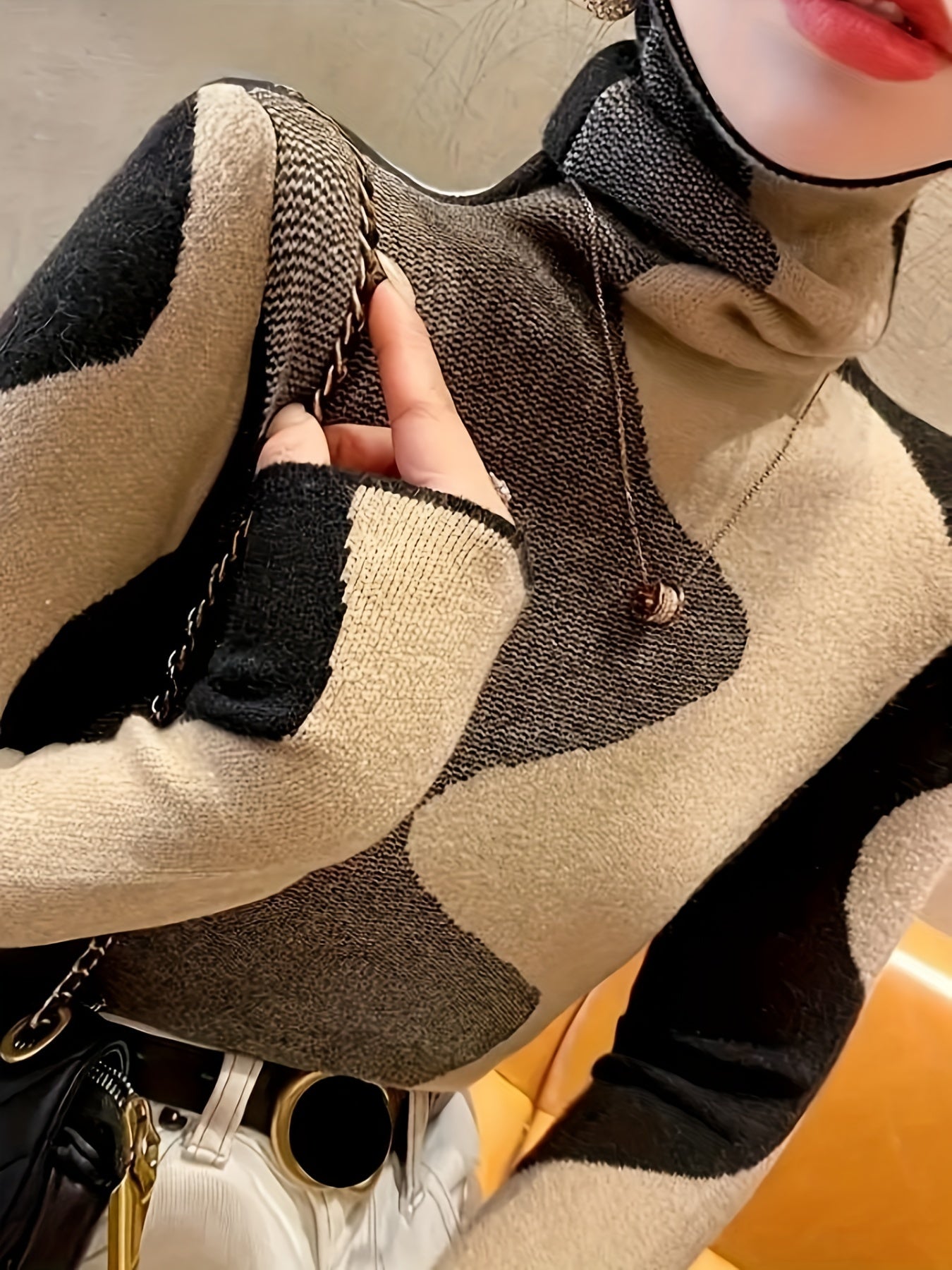 Elegant Turtleneck Sweater for Women - Chic Geometric Pattern, Soft Knit Blend, Perfect for Fall/Winter, Machine Washable