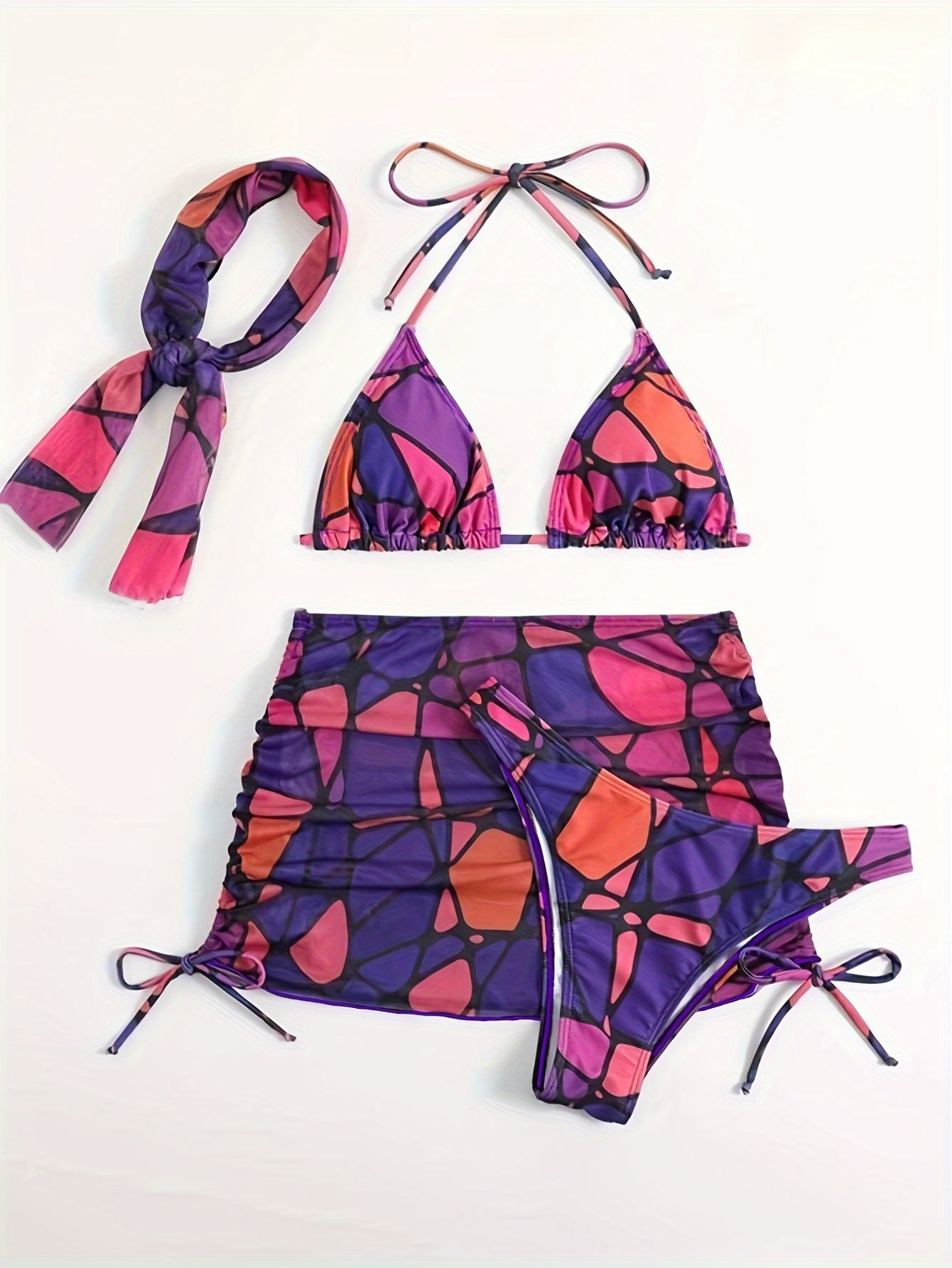 Geometric Print Color Block 3 Piece Set Swimsuit With Stylish Headband, Halter Tie Neck Triangle Bikini & Drawstring Wrap Cover Up Skirt Swimsuit For Beach Pool Bathing, Women's Swimwear & Clothing