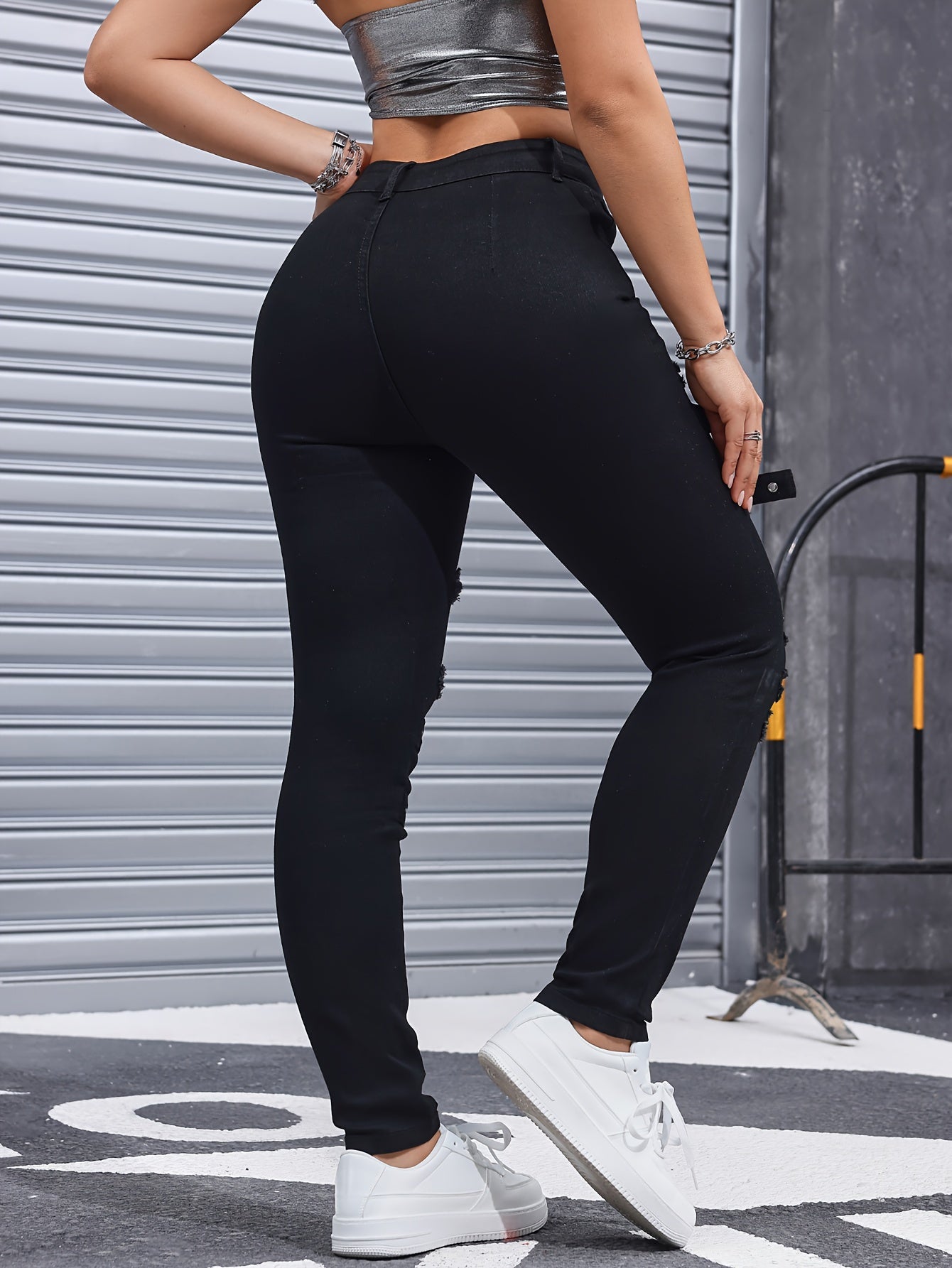 High-Waisted Distressed Denim Jeans For Women, Stretch Fabric Blend, Four-Season Fit, Fashionable And Trendy