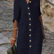 Women's Navy Blue Casual Shirt Dress - Single-Breasted Collar, Half Sleeve, Straight Cut, Machine Washable, Spring/Fall Fashion