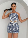 Elegant Blue and White Floral Print Halter Neck Mini Dress with High-Waisted Shorts Set - Sleeveless, Tassel Detail, Perfect for Spring/Summer, Floral Print Dres