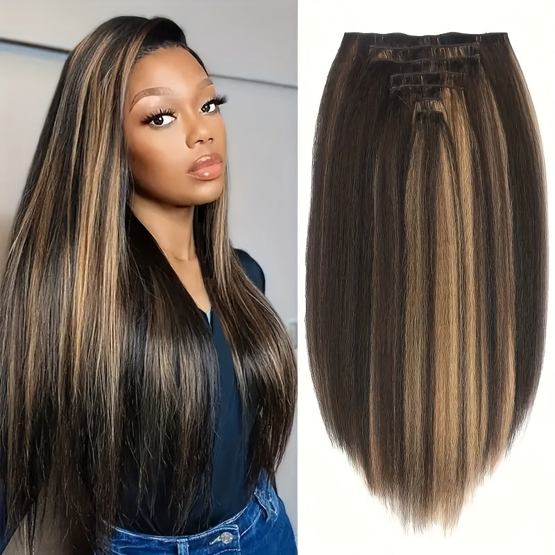 Kinky Straight Clip In Wig Extensions Full Head Yaki Straight Clips In For Women Synthetic Wig 7Pcs Wig Accessories