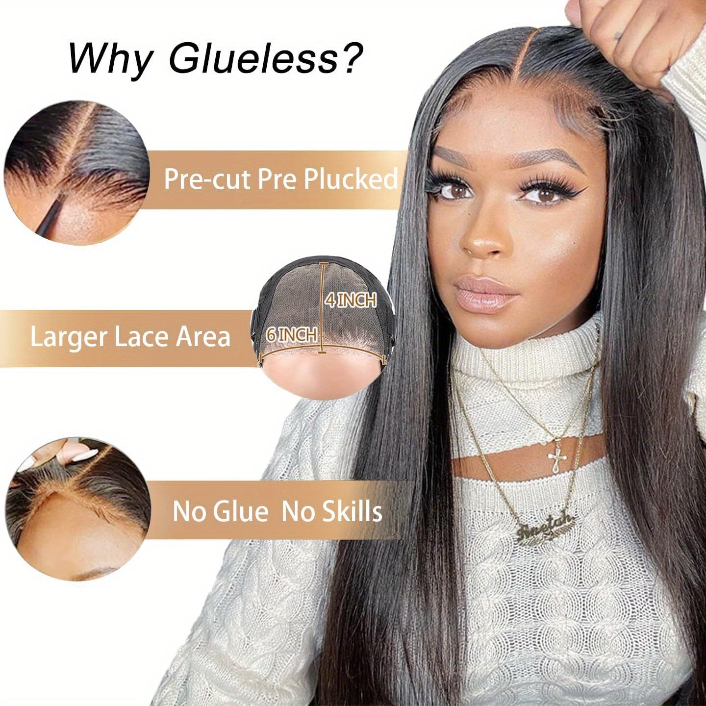 20 Inch Glueless Straight Human Hair Wig - 4x4 HD Lace Front Closure, Pre-Plucked and Pre-Cut, 180% Density, Ready to Wear, Natural Black, Soft and Silky Texture, Breathable Cap, Heat Resistant, Tangle-Free, Suitable for Dail