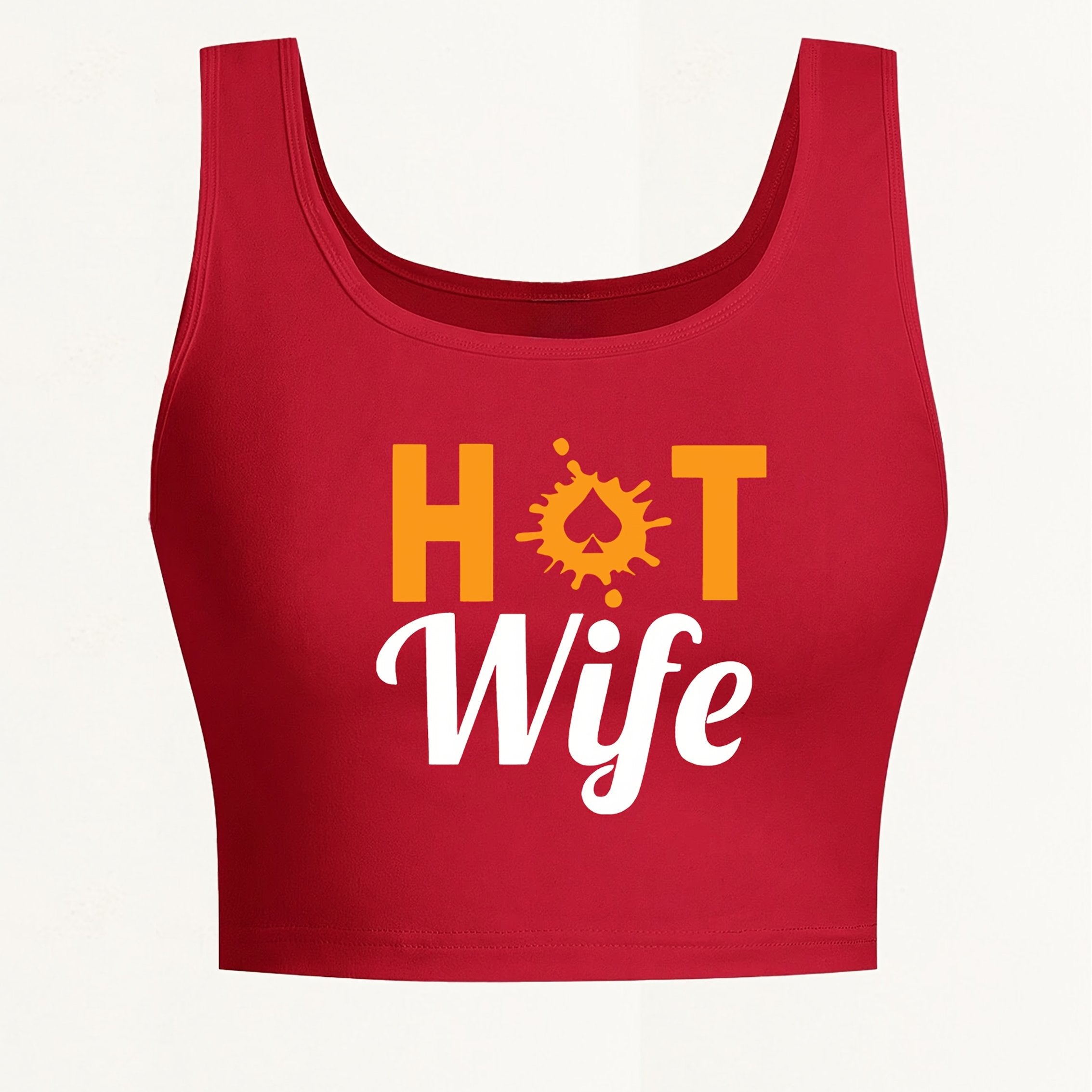 Women's "Hot Wife" Graphic Print Sleeveless Tank Top - Vibrant Red with Yellow Splash Design, Seamless Round Neck, Lightweight Breathable Fabric for Yoga & Casual Wear, Machine Washable Spring Summer Fall Top, Ladies Tank Top