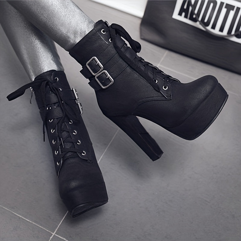 Womens Fashion Solid Color Lace-Up High Heel Boots - Stiletto Heel with Stable Block Base - Secure Buckle Ankle Strap - Trendy & Comfortable