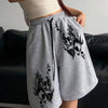 Women's Stylish Skull Print Drawstring Shorts - Light Gray Casual Knit Mid-Thigh Length with Elastic Waistband, Perfect for Spring/Summer/Fall, Cute Shorts