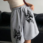 Women's Stylish Skull Print Drawstring Shorts - Light Gray Casual Knit Mid-Thigh Length with Elastic Waistband, Perfect for Spring/Summer/Fall, Cute Shorts