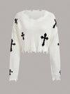 Women's Distressed Drop Shoulder Long Sleeve V-Neck Sweater - Elegant White Knit Pullover with Black Cross Pattern, Frayed Hem Detail, Acrylic Material for Spring/Summer, Ladies Sweaters