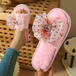 Women's Indoor Furry Slippers with Open Toe, Rhinestone and Bow Detail Elegant Home Slip-Ons in Plus Size Soft Comfort