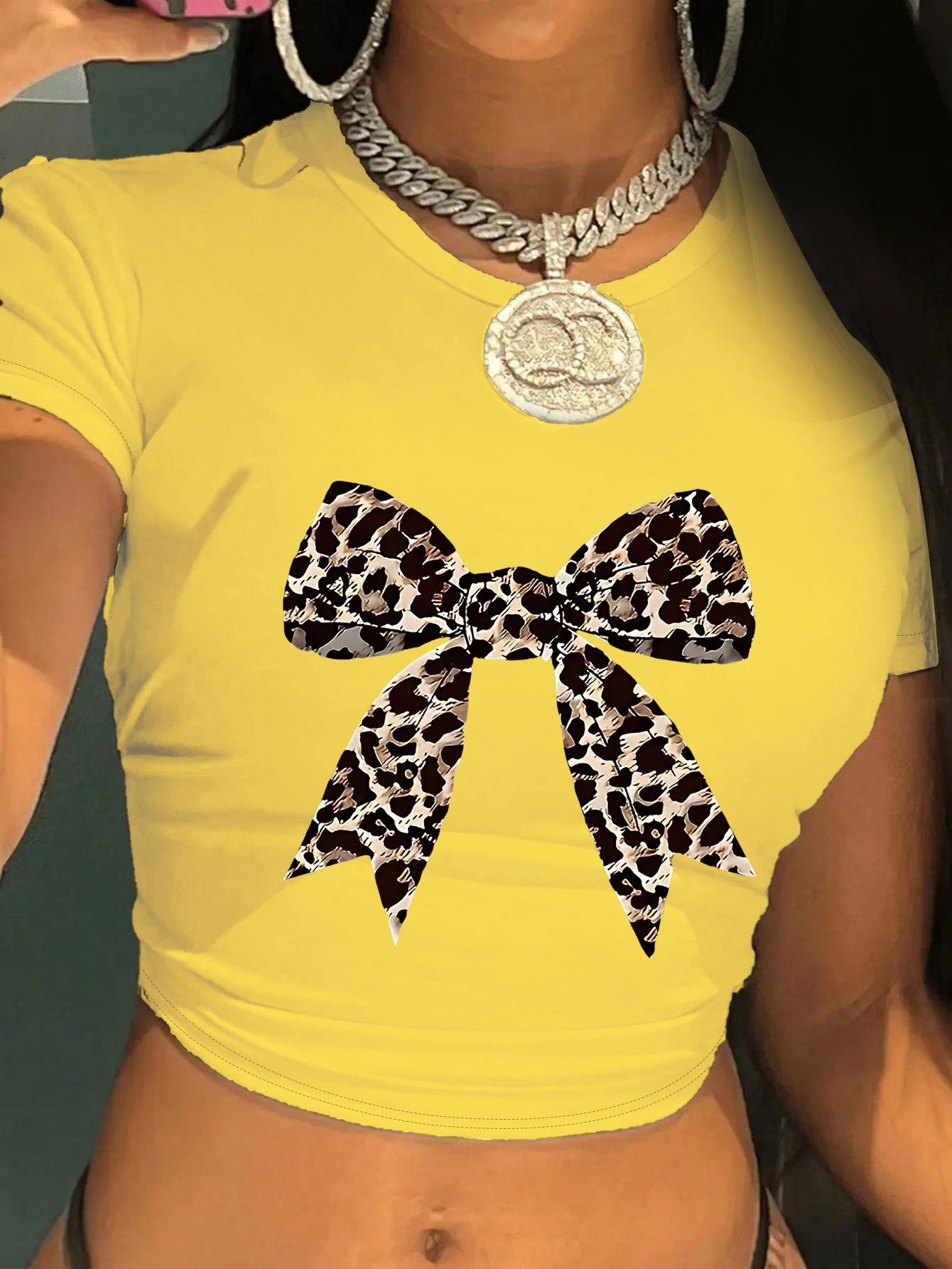 Women's Y2K Leopard Bow Print Cropped T-Shirt - Light Blue Soft Fabric, Machine Washable, Versatile Casual & Evening Wear, Style Statement Top | Elegant Design | Comfortable Fit, Leopard Print Shirt