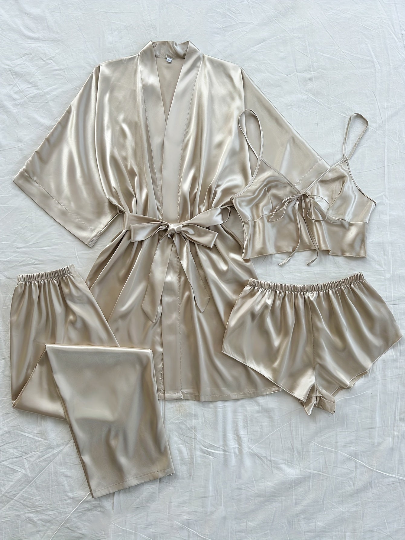 Women'S V-Neck Sexy Comfortable Robe Set with Mini Spaghetti Strap Shorts and Long Pants, Four Pieces