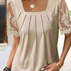 Elegant Knitted Square-Neck Short-Sleeve Top for Women, Featuring Solid Color Mesh Embroidery Lace.