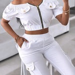 [Elegant | Chic] Chic Women's Casual | Elegant Off-Shoulder Short Sleeve Zipper Top and Drawstring Pants Set | Solid Color Polyester Ensemble for Spring/Summer