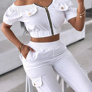 [Elegant | Chic] Chic Women's Casual | Elegant Off-Shoulder Short Sleeve Zipper Top and Drawstring Pants Set | Solid Color Polyester Ensemble for Spring/Summer