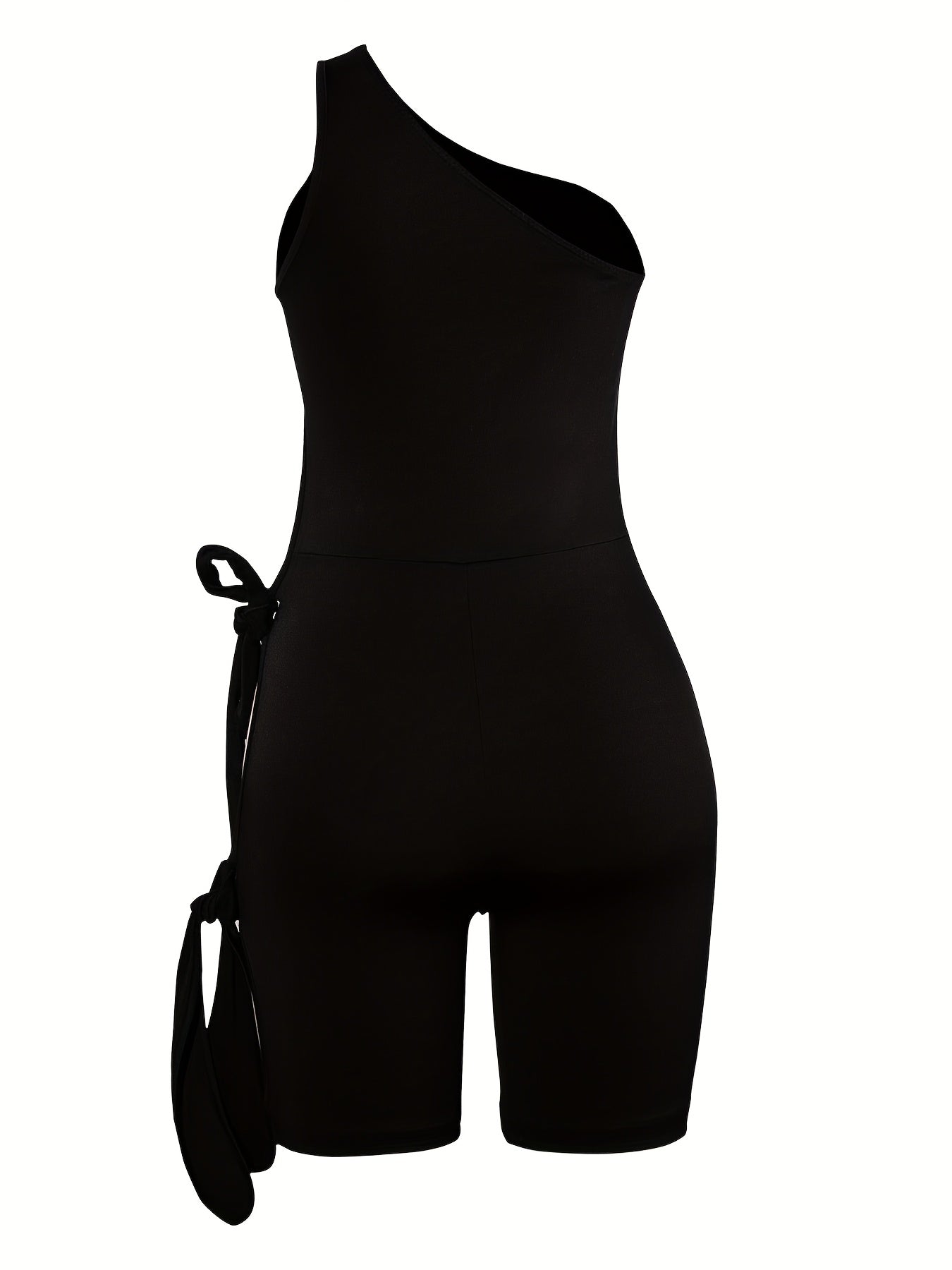 Sexy One-Shoulder Tie-Up Romper with Cut-Out Detail - Stretchy Polyester Blend, Sleeveless Bodycon Jumpsuit for Women, Perfect for Evening Outings