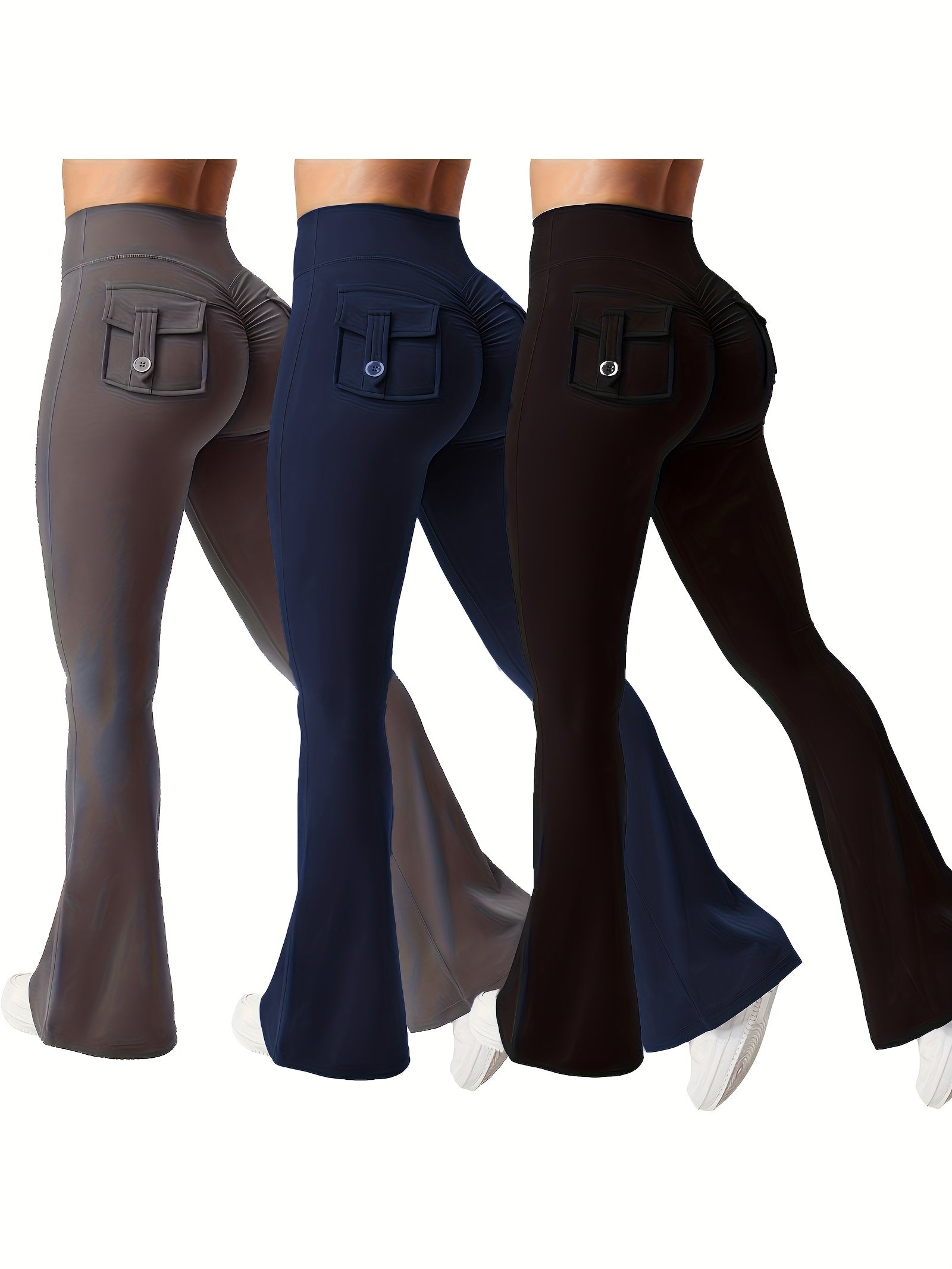 3pcs Of Black, Gray And Green Fashionable Workwear Style Bell Bottoms, Women's Casual Bell Bottoms, High Waist Pocket Sportswear, Work Style Peach Hip Pants, Sports Quick-drying Tummy Control Butt Lifting Trousers Flare L