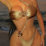 Golden Metallic Ring-Linked One-Piece Swimsuit for Women - Sexy High-Stretch Bikini with Asymmetrical Design, Glossy Finish, and Built-In Bra Pad