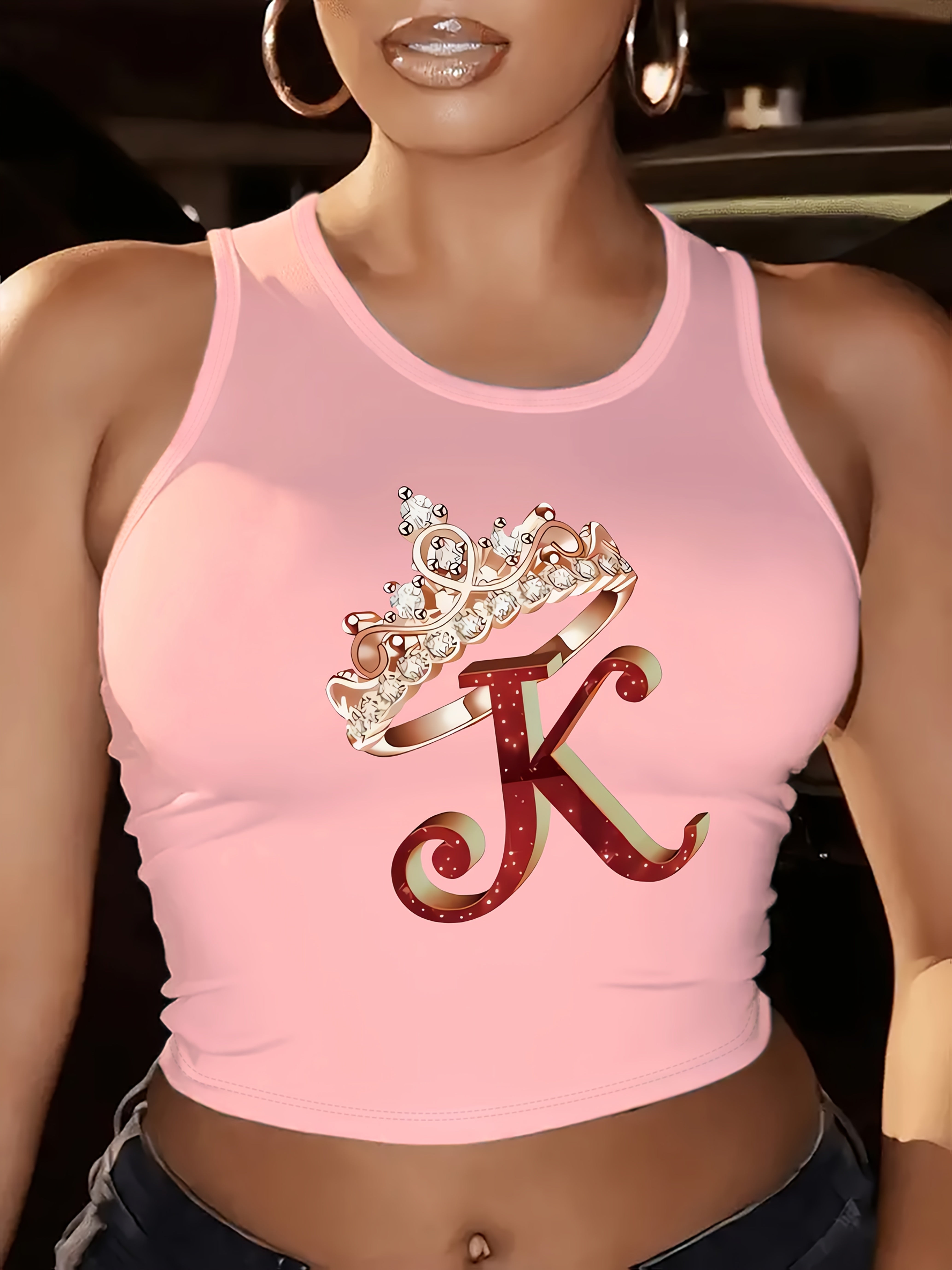 Chic Maroon Sleeveless Tank Top for Women with Crown & "K" Design - Casual Crew Neck, Breathable Polyester Blend, Perfect for Spring/Summer