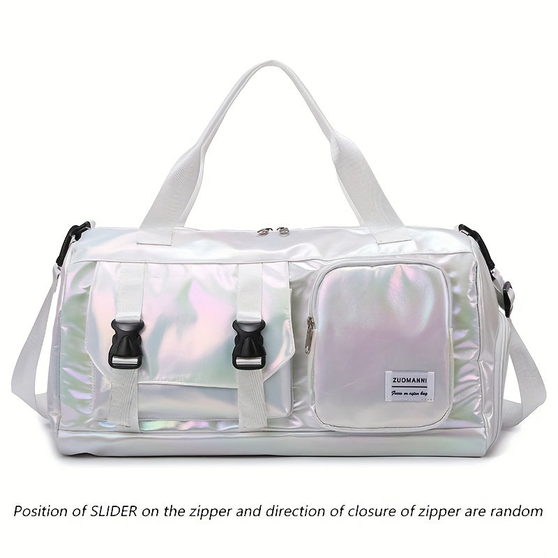 Large Capacity Women'S Nylon Travel Duffel Bag - Pink Iridescent Weekender Gym Tote with Shoe Compartment, Shoulder Strap & Multiple Pockets - Versatile Sports & Fitness Carry-On