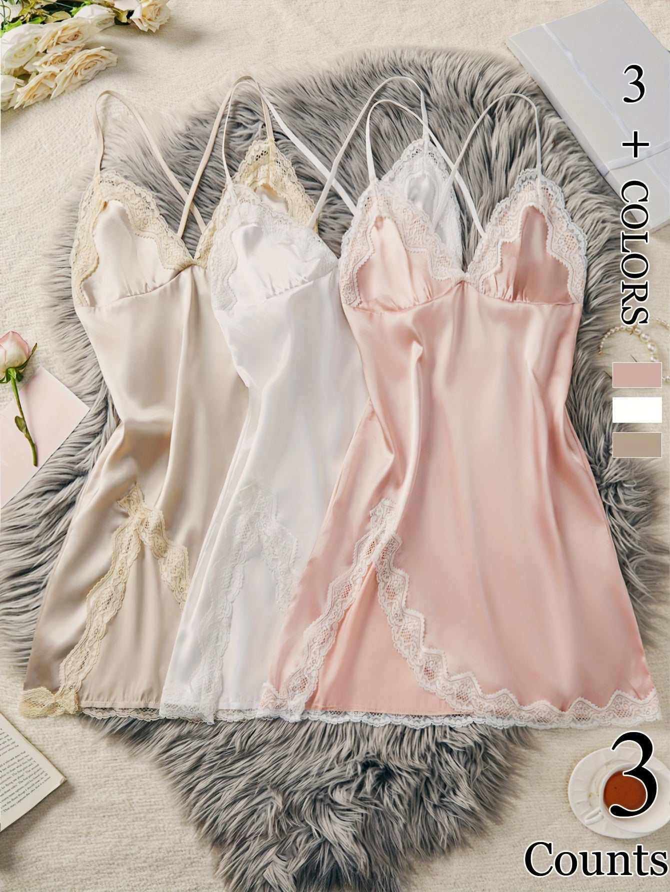 Elegant 3pcs Lace Trim Pajama Set for Women - V-Neck, Backless Slip Dresses with Side Split, Soft Polyester & Elastane Blend, Perfect for All Seasons