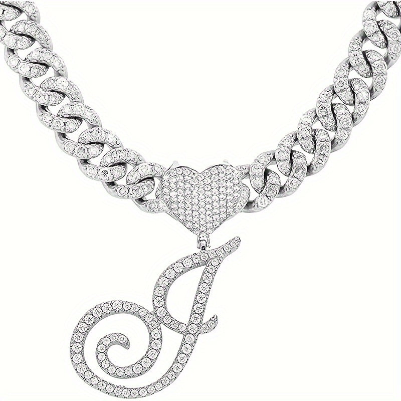 Silvery Cuban Link Necklace - Heart-shaped Alphabet Pendant on Ice Chain - Unisex Hip-hop Jewelry Gift