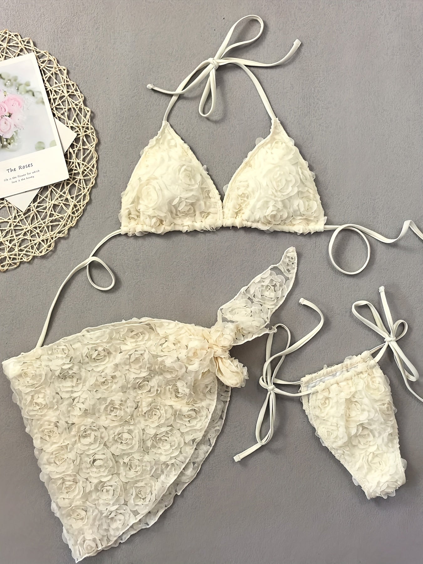 2025 European and American Foreign Trade New Sexy Mesh Flower Three-piece Bikini with Tie Strap Triangle Wrap Women's Swimsuit