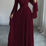 Elegant V-Neck Ruffle Sleeve Maxi Dress - Deep Red, Long Flowing Gown with Puffy Sleeves, Perfect for Parties & Formal Events, Formal Attire|Ruffle Detail|Vneckline