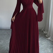 Elegant V-Neck Ruffle Sleeve Maxi Dress - Deep Red, Long Flowing Gown with Puffy Sleeves, Perfect for Parties & Formal Events, Formal Attire|Ruffle Detail|Vneckline