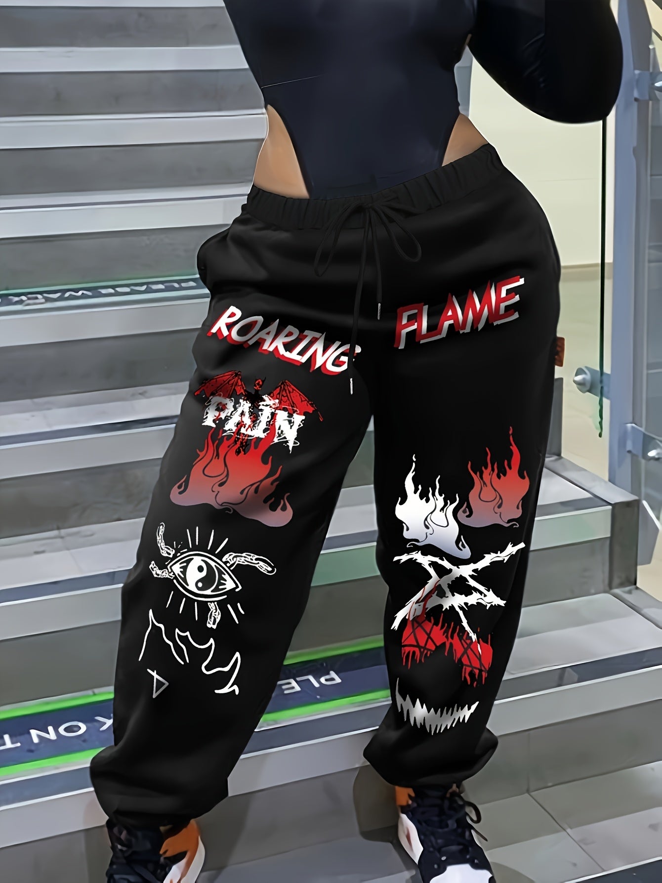 Women'S Casual Printed Sweatpants - Black with White Cartoon Face & Letter Design, Elastic Waistband with Drawstring, Lightweight Polyester for Spring/Fal