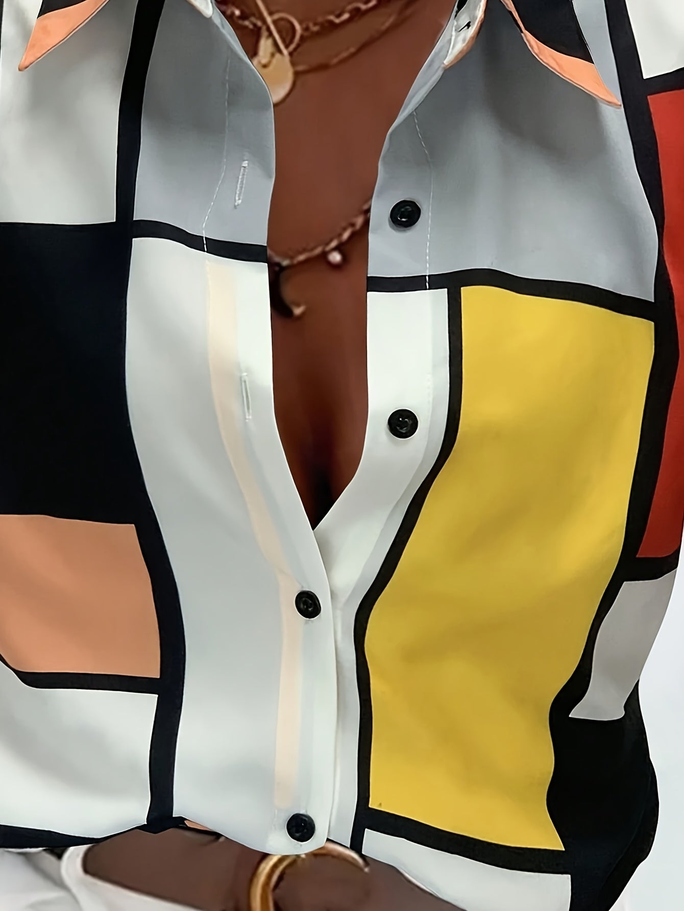 Color Block Button Up Shirt, Elegant Long Sleeve Collared Shirt For Spring & Fall, Women's Clothing