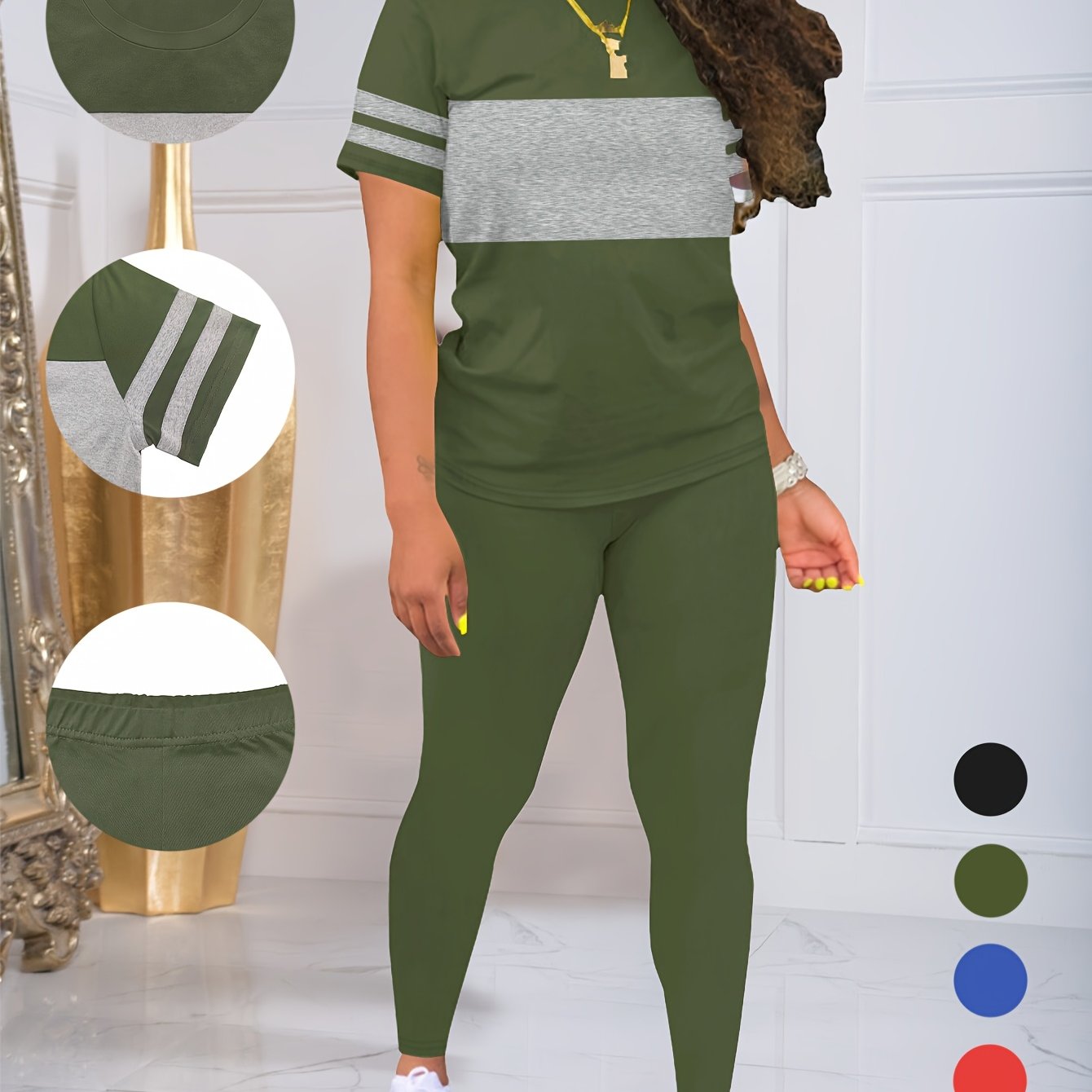 Women's Spring and Summer Round Neck Short Sleeve Top and Pants Set, Solid Color and Colorful Elastic Women's Set