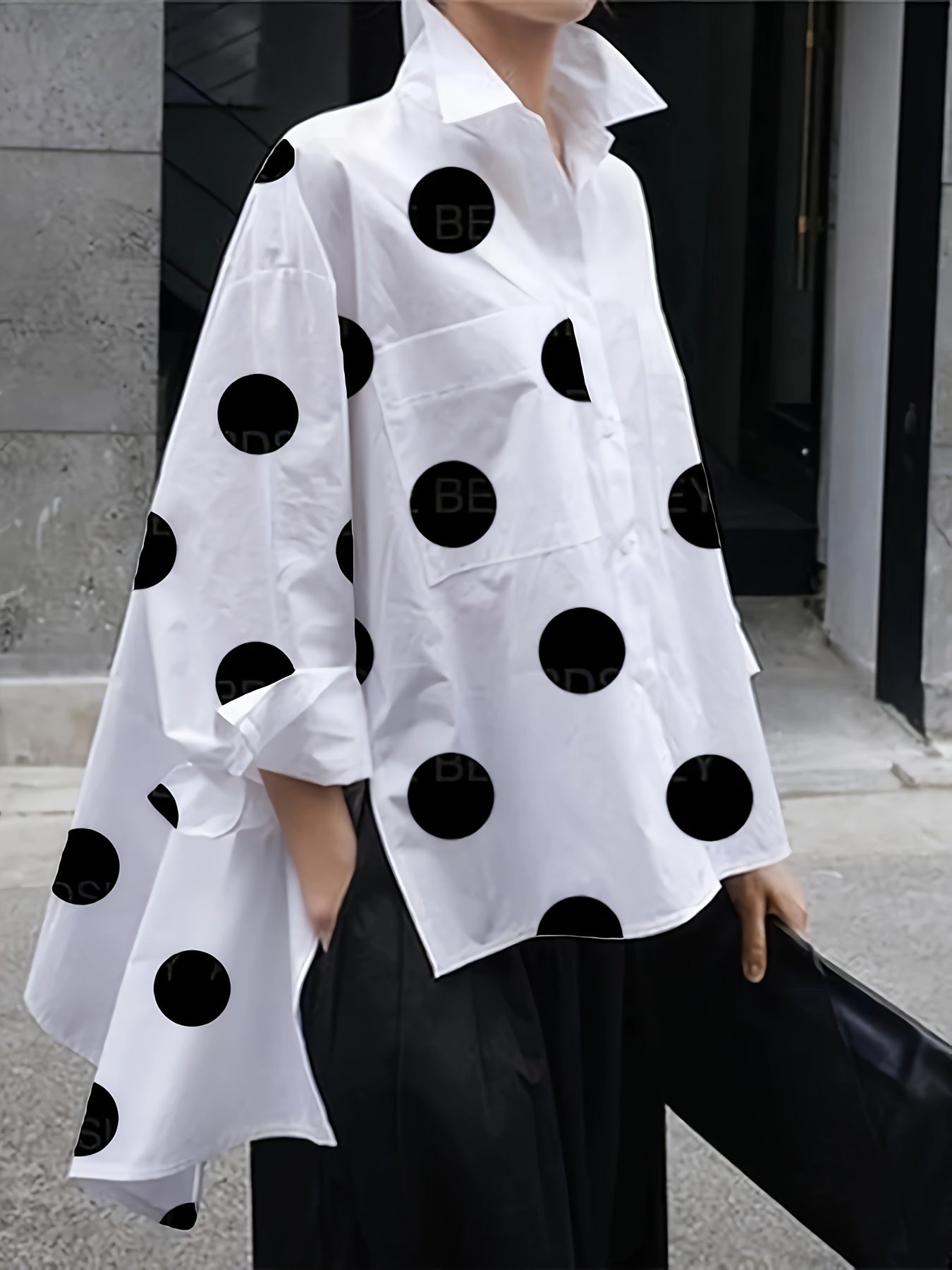 Polka Dot Print Button Front Blouse, Casual Long Sleeve Polo Collar Blouse For Spring & Summer, Women's Clothing