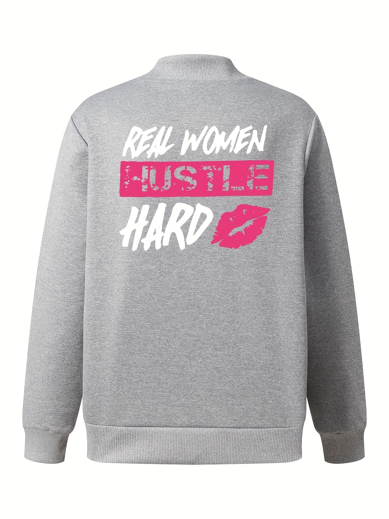 Everyday Comfort, Women's "Real Women Hustle Hard" Casual Bomber Jacket - Mint Green, Long Sleeve, Zip-Up with Pink Lips Graphic, Polyester Blend, Machine Washable, Motivational Apparel|Trendy Bomber Jacket|Smooth Texture Fab