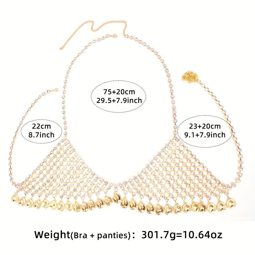 1 Set Bra + Panties Fashion Alloy Full Rhinestone Mesh Women's Bra Body Chain, Round Coin Tassel Pendant Body Chain Suitable for Parties, Music Festivals, Beach Body Accessories