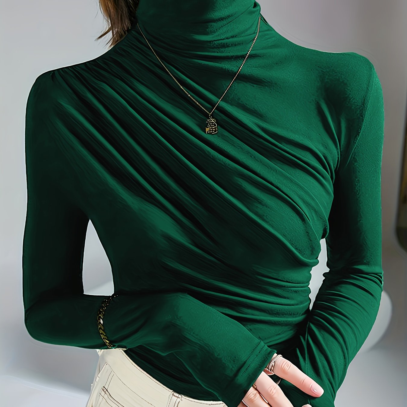 Elegant Ruched Mock Neck Long Sleeve Top for Women - Stylish Autumn/Winter Blouse, Soft Polyester & Elastane Blend, Machine Washable, Dark Brown, Perfect for Casual or Dressy Outfits