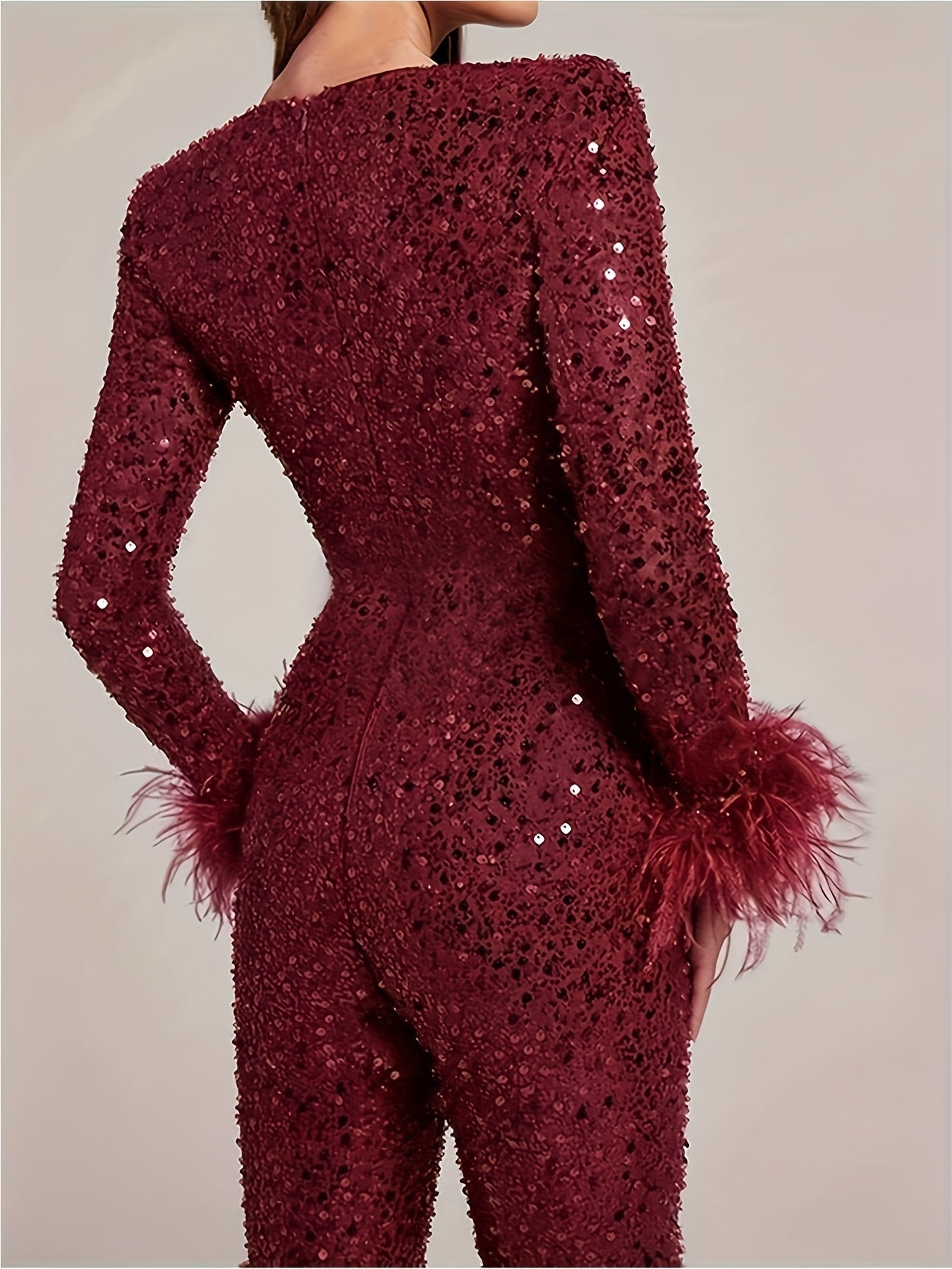 Women's Elegant Black Sequin V-Neck Jumpsuit with Details - Sleeve Flared Leg Party Outfit for Fall/Winter, Glittery Polyester Blend, Hand Wash Only