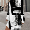 Brush Print Crew Neck A-line Dress, Elegant Long Sleeve Slim Dress For Spring & Fall, Women's Clothing